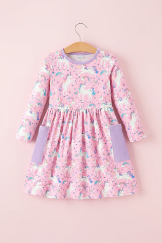 Girls Magical Unicorn & Rainbow Pocket Dress