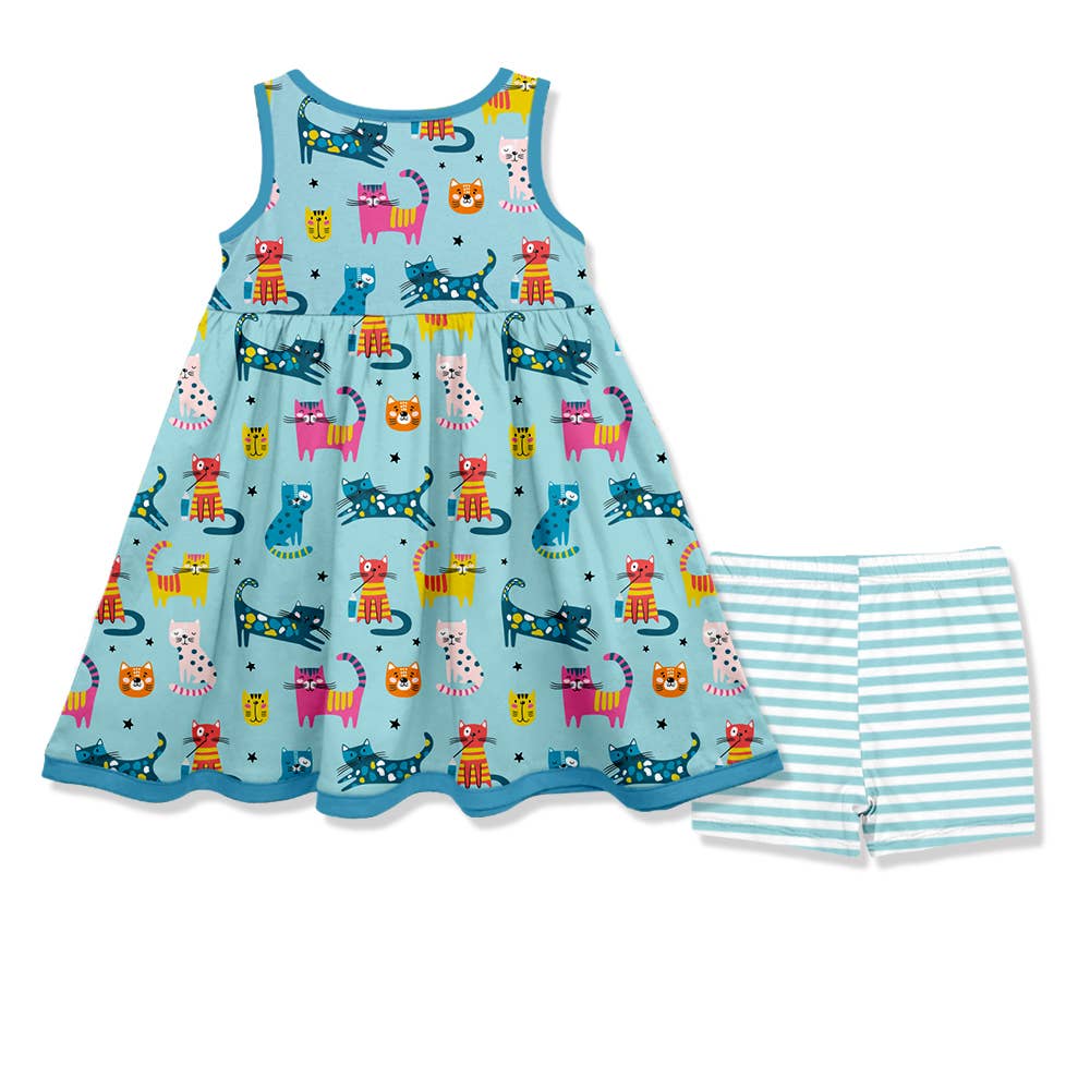 Girls Mint Kitty Cats Sleeveless Dress & Shorts