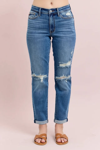 Judy Blue Mid-Rise Distressed Boyfriend Jeans