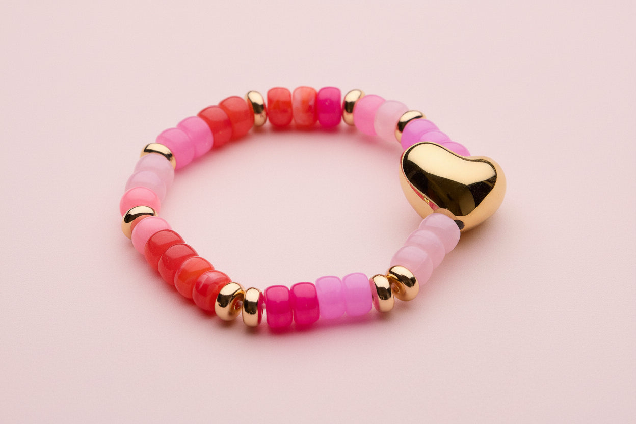 Glass Bead Bracelet with Gold Heart Accent