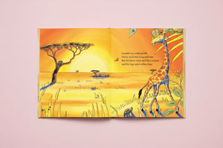 Illustration of a giraffe in an African savanna with text about its physical characteristics.
