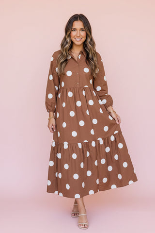 Polka Dot Button-Front Casual Shift Midi Dress