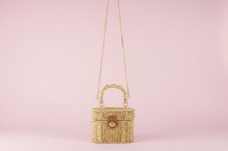 Metallic Woven Straw Top Handle Box Bag