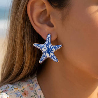Enamel Starfish Floral Print Stud Earrings