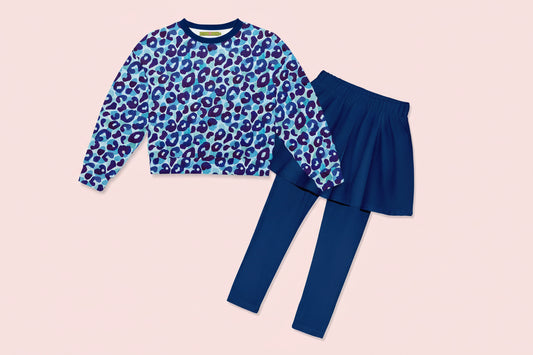 Kids Blue Watercolor Leopard Velour Sweatshirt & Navy Skirted Leggings Set