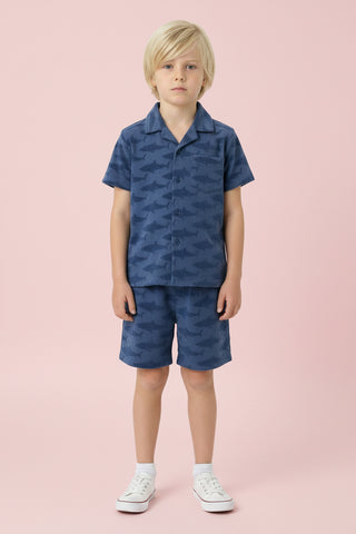 Boys Navy Shark Reverse Jacquard Buttondown Set