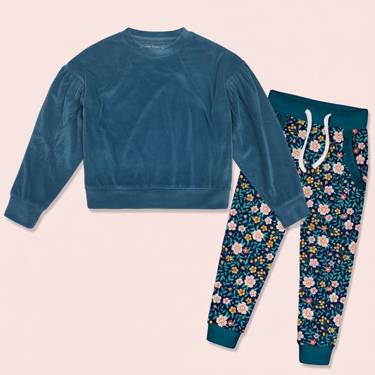 Kids Teal Velour Sweatshirt & Floral Jogger Set
