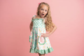 Girls Mint Gingham Ruffle Pocket Dress