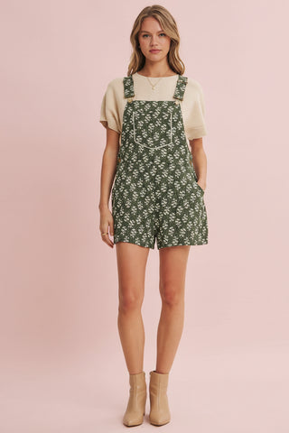 Women's Floral Print Overall Short Romper with Lace Trim