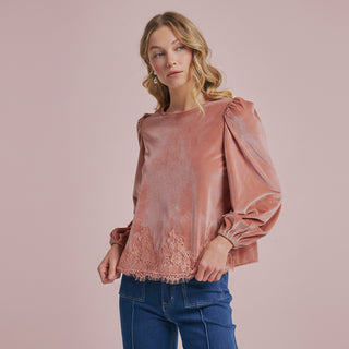 Women's Romantic Holiday Velvet Blouse Top with Eyelash Lace Hem