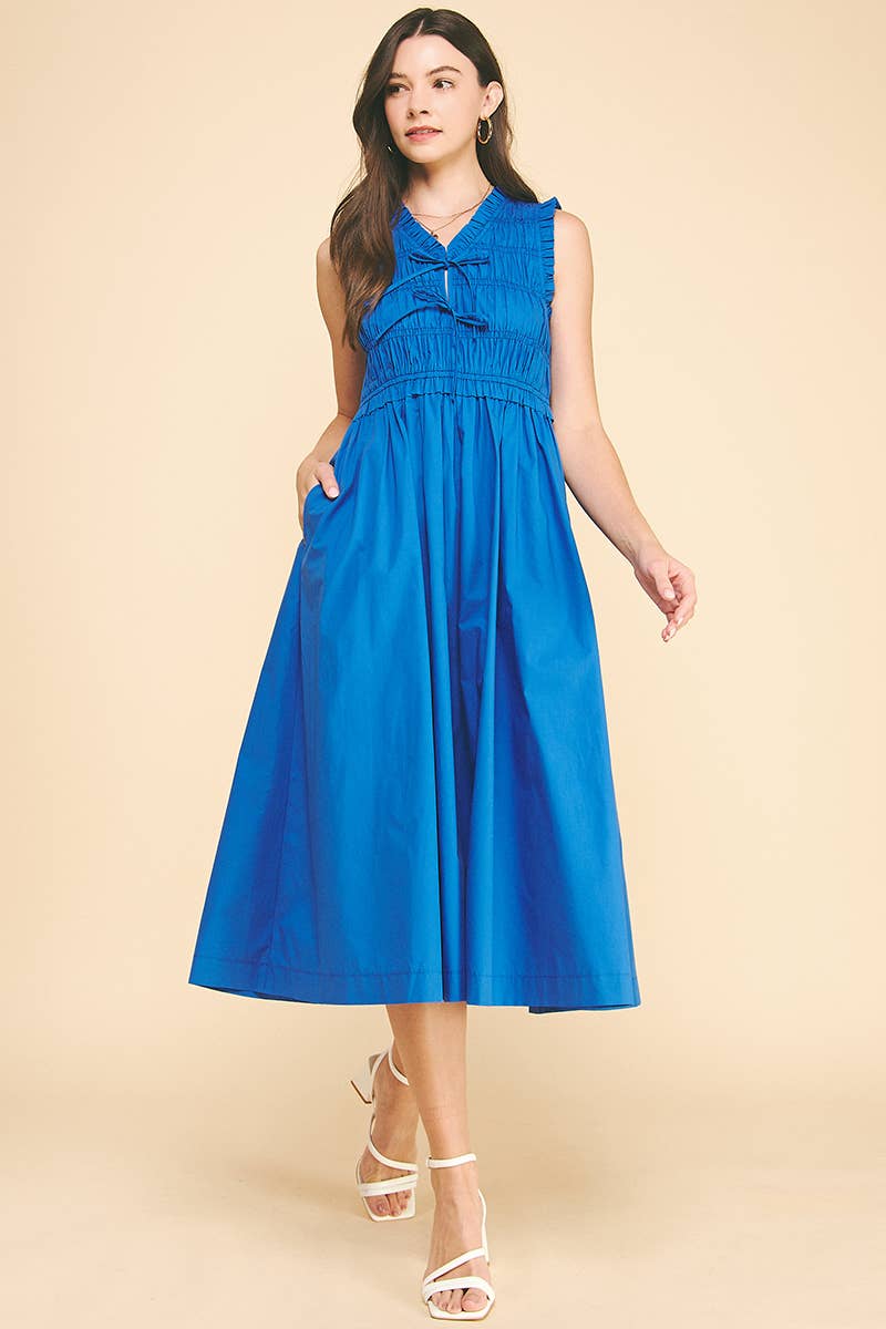 Front-Tie Detailed Smocking Midi Dress