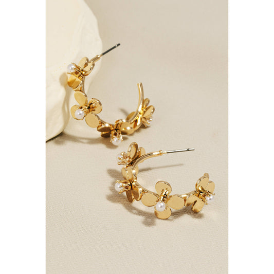 Pearl Studded Metallic Flower Hoop Earrings