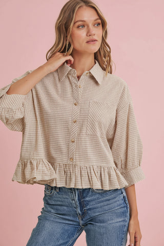 Women's Relaxed Gingham Check Button Down Shirt with Ruffle Hem