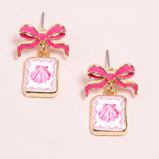 Bow Shell Print Square Frame Drop Earrings