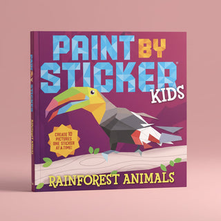 Book cover of 'Paint by Sticker Kids Rainforest Animals' with a colorful toucan illustration on a purple background.