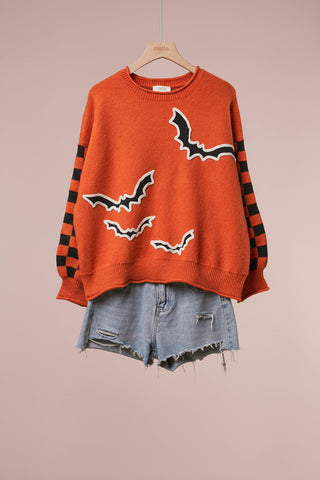 Halloween Bat & Checkerboard Sleeve Knit Sweater