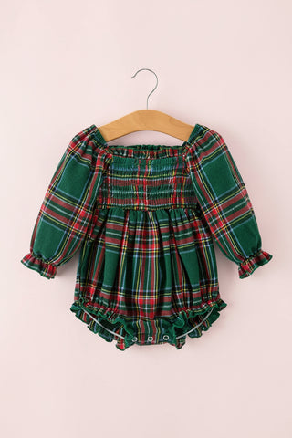 Christmas Plaid Smocked Baby Girl Bubble Romper Ruffle Detail