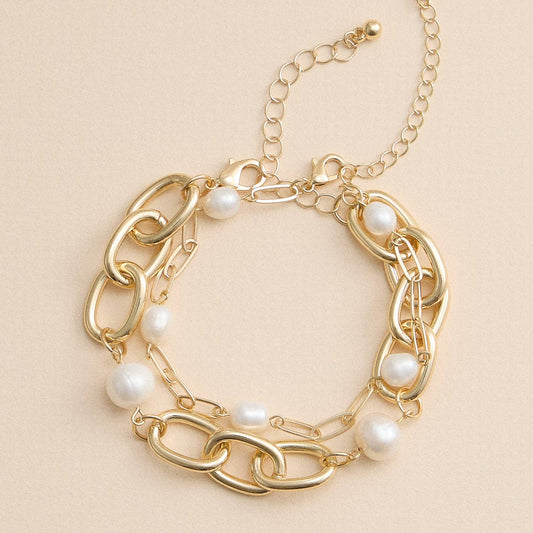 Gold Chain Link and Freshwater Pearl Layered Bracelet Set