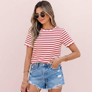 Stripe Scalloped Trim Round Neck T Shirt