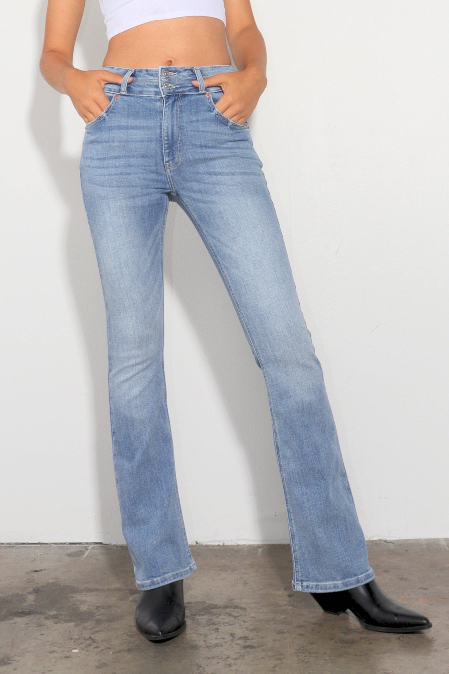 HIGH RISE STRETCH DOUBLE WAIST BOOTCUT JEANS