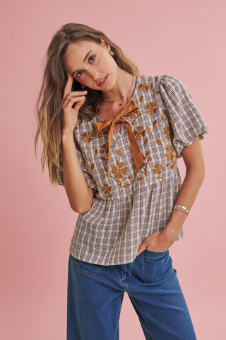 Women's Plaid Floral Embroidered Babydoll Blouse with Contrast Neck Bow