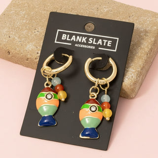 Vibrant Stripe Fish and Bead Charm Hoop Earrings