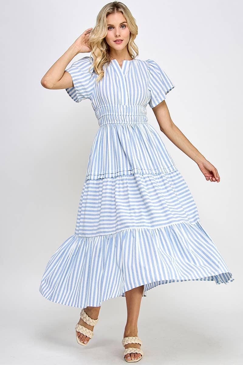 Veronica Blue Striped Spring Summer Maxi Midi Dress