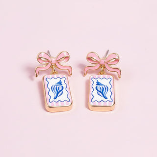 Bow Shell Print Square Frame Drop Earrings