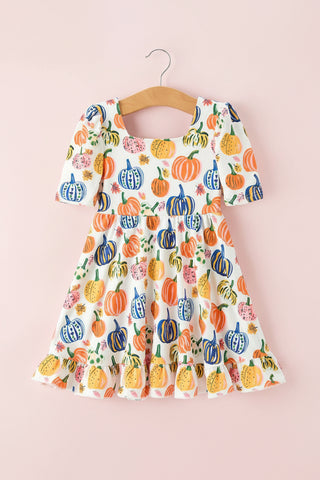 Girls Autumn Colorful Pumpkin Print Ruffle Dress