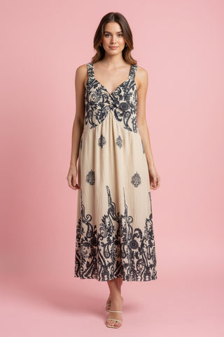 Bohemian Medallion Print Ruched V-Neck Dress