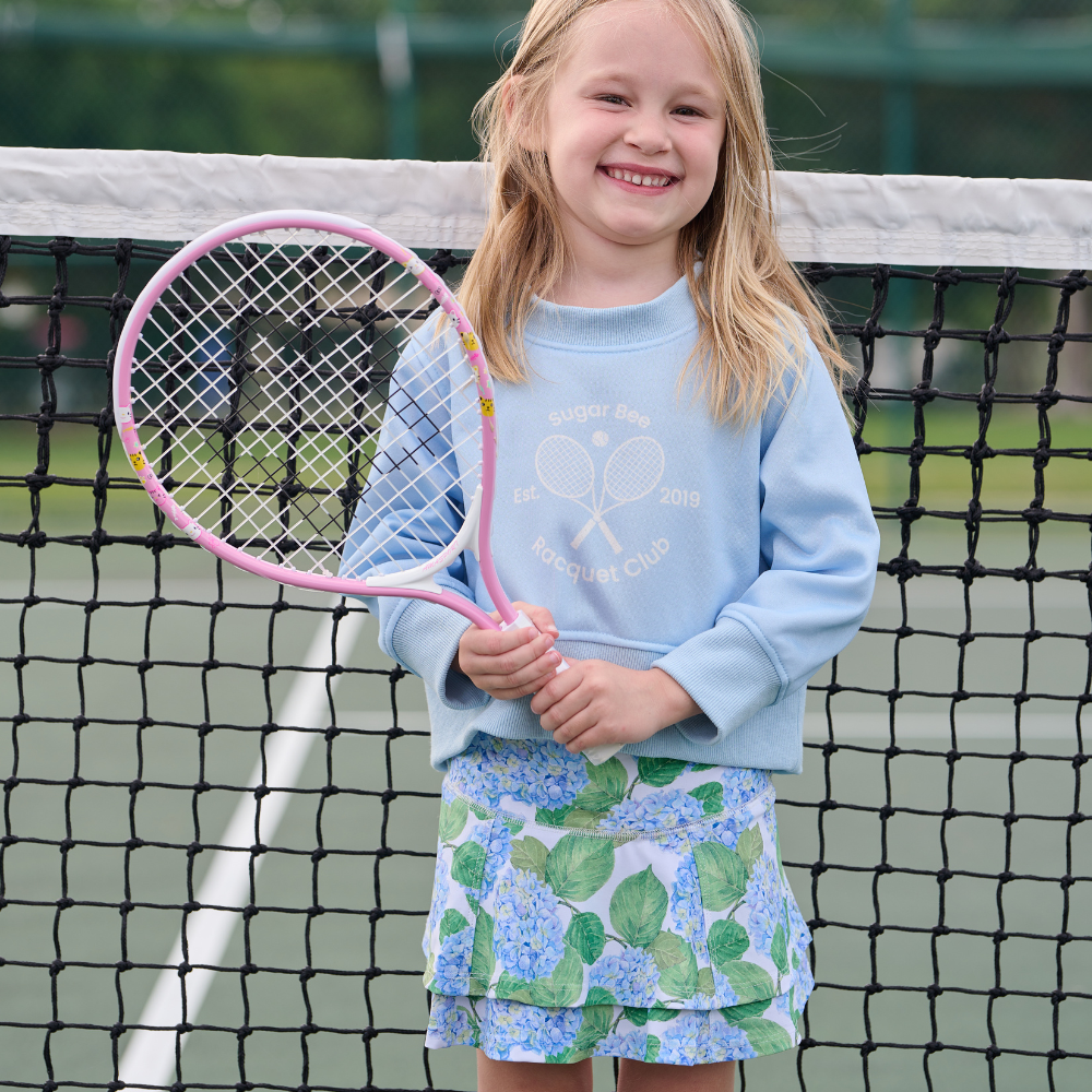 Girls Spring Summer Ruffle Tennis Skirt- Blue Hydrangeas