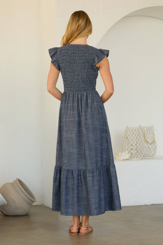 Smocked Maxi Dress with Flutter Sleeve and Button-Down Skirt