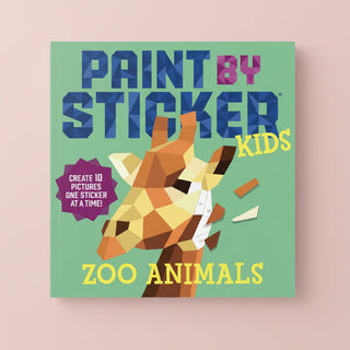 Cover of 'Paint by Sticker Kids' book with a geometric giraffe design on a green background.