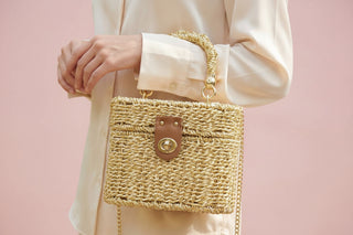 Metallic Woven Straw Top Handle Box Bag