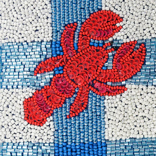 Red lobster design on a fabric with blue and white checkered pattern