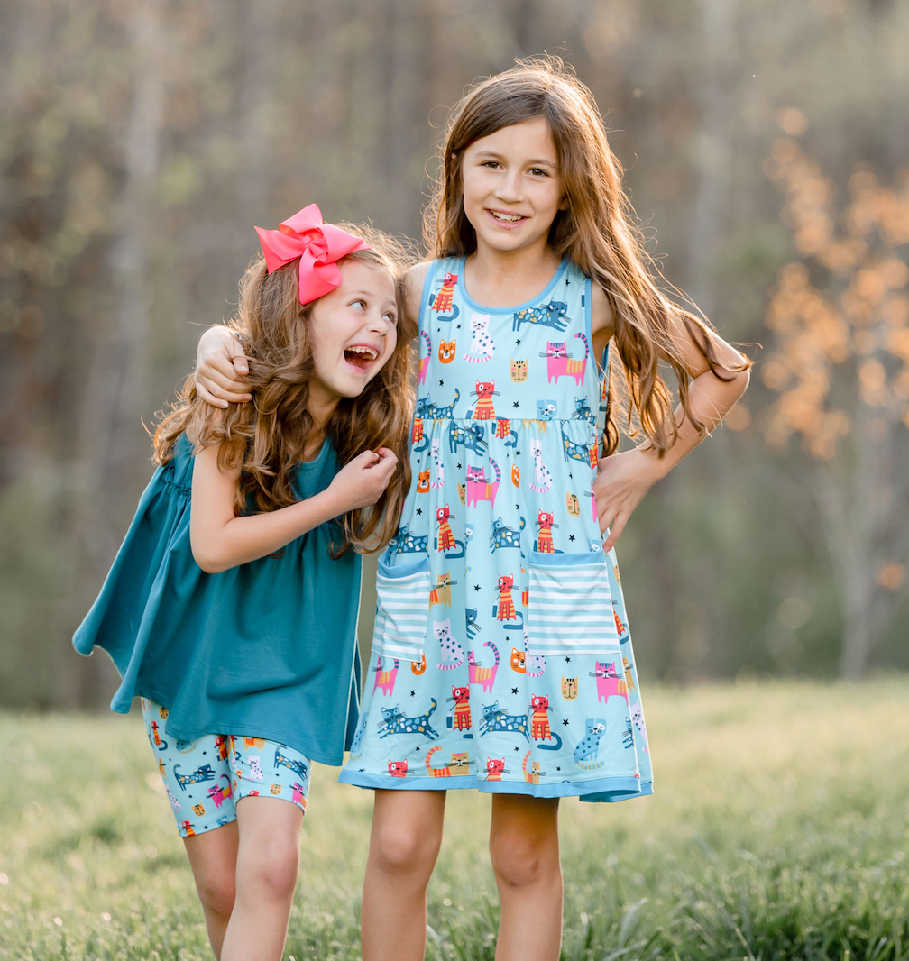 Girls Mint Kitty Cats Sleeveless Dress & Shorts