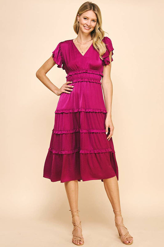 Berry V-Neck Tiered Midi Dress