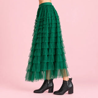 Tiered Ruffle Mesh Maxi Skirt
