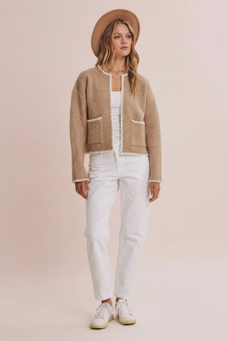 Open Front Whipstitch Brushed Wool Blend Sweater Jacket