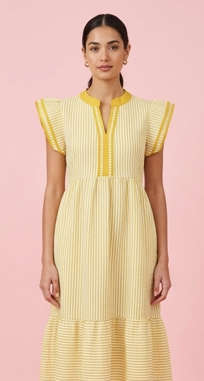 Ruffle Sleeve Stripe Midi Dress Yellow & White / XL