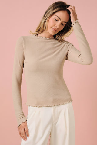 Ribbed Mock Neck Lettuce-Edge Long Sleeve Top
