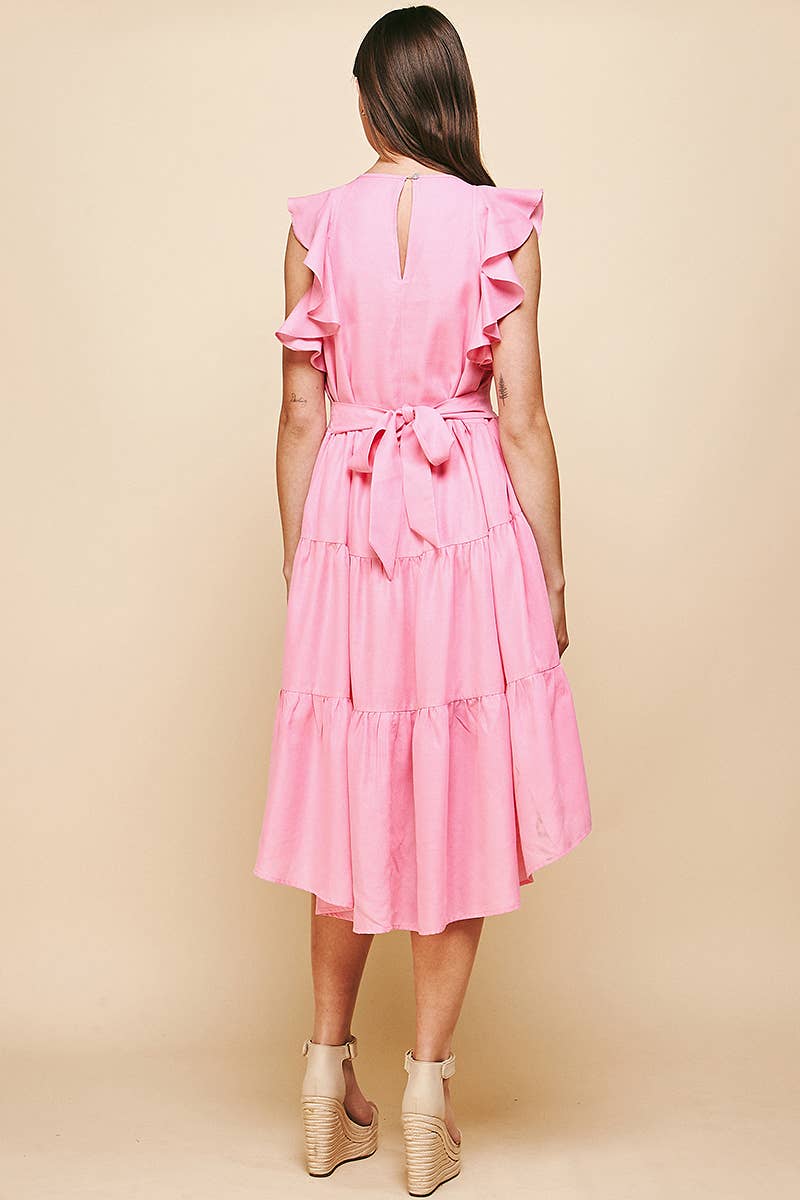 Ruffle Sleeve Tiered Midi Dress - Pink