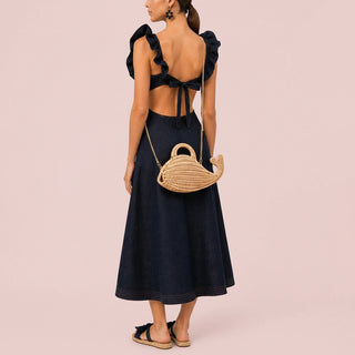Whale Woven Straw Top Handle Clutch