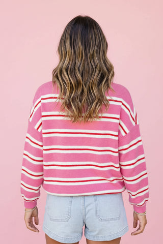 Women's Pink Striped Button-Front Collared Knit Sweater