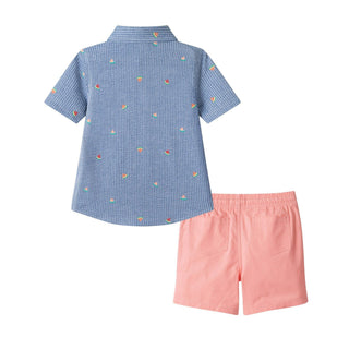 Boys&nbsp;Navy Watermelon Seersucker &amp; Coral Short Se