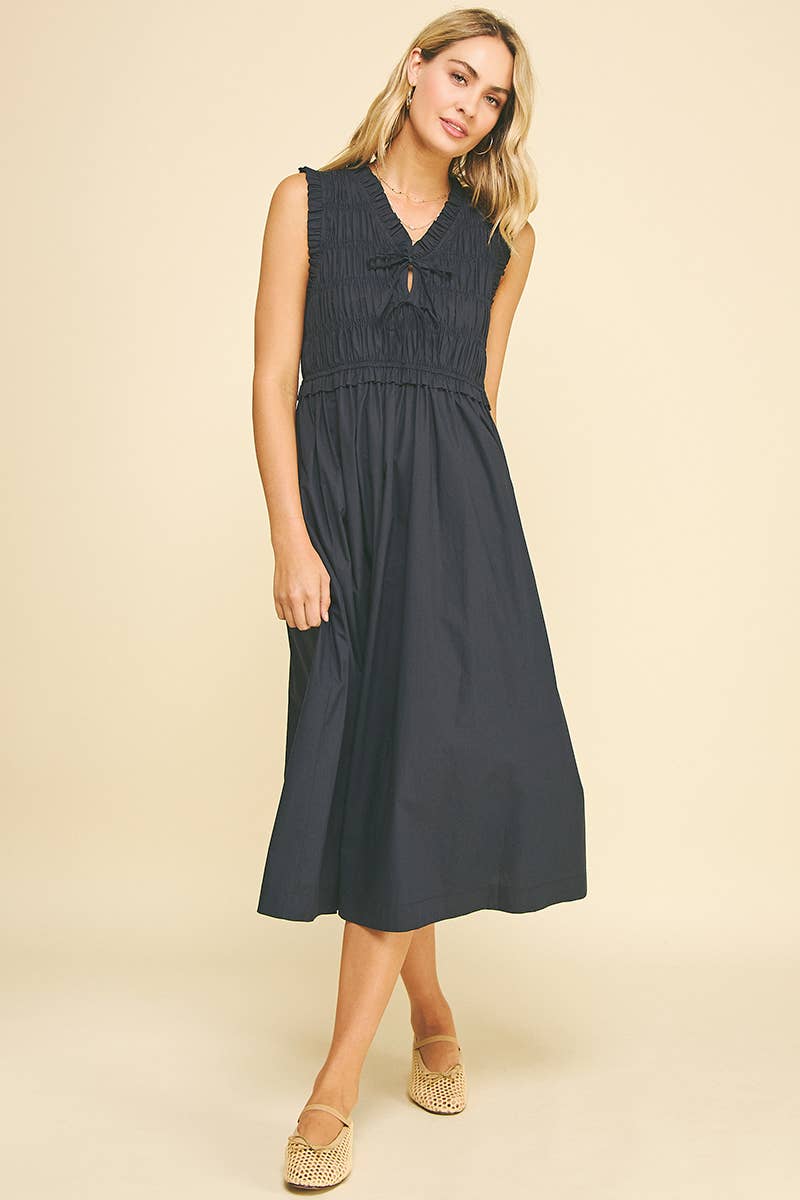 Front-Tie Detailed Smocking Midi Dress