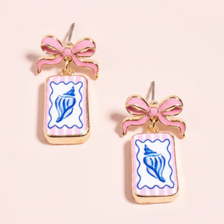 Bow Shell Print Square Frame Drop Earrings