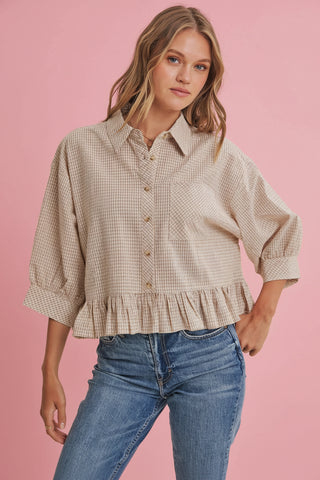 Women's Relaxed Gingham Check Button Down Shirt with Ruffle Hem