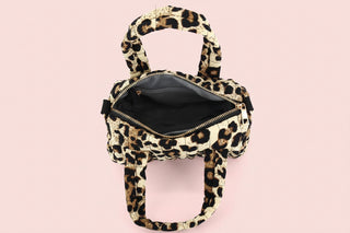 Quilted Leopard Print Barrel Crossbody Bag