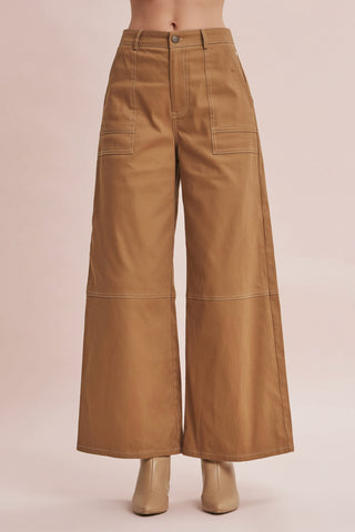 Women's Wide Leg Stretch Cotton Twill Utility Pants with Contrast Stitching
